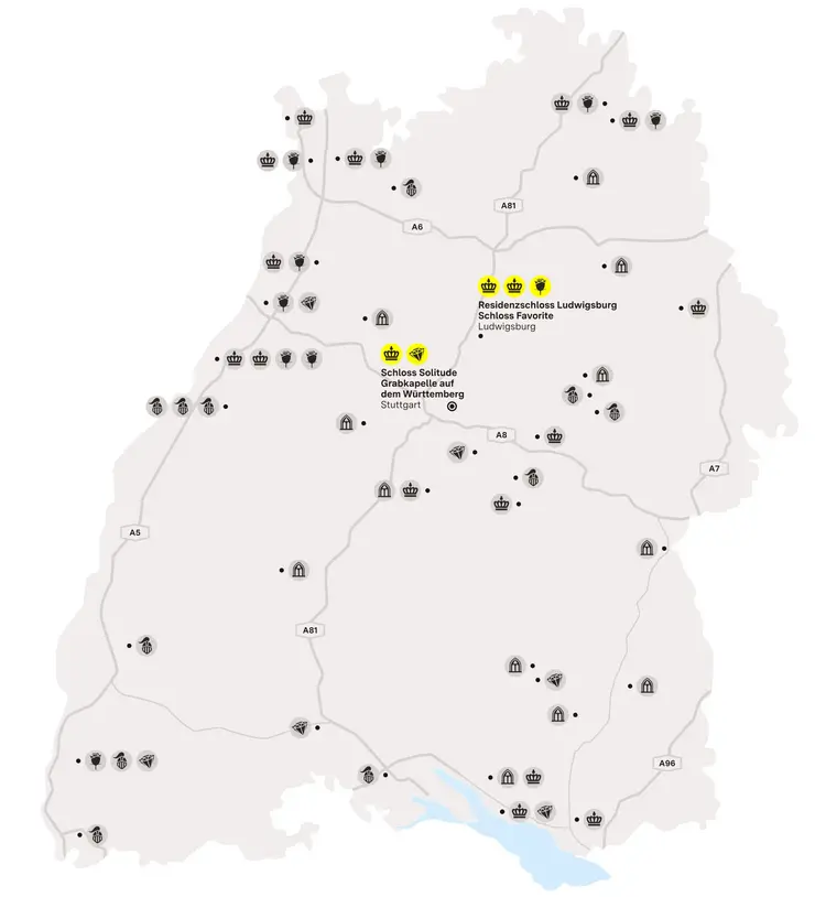 Illustration: Staatliche Schlösser und Gärten Baden-Württemberg, JUNG:Kommunikation GmbH Karte der Region "Königliches rund um die Schwabenmetropole"
