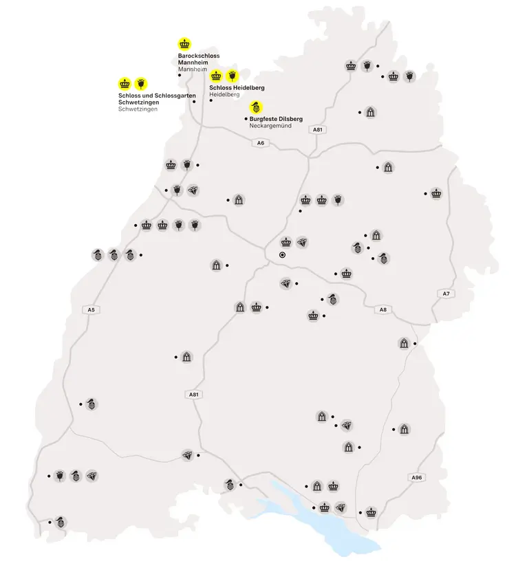 Illustration: Staatliche Schlösser und Gärten Baden-Württemberg, JUNG:Kommunikation GmbH Karte der Region "Stolze Residenzen der Kurpfalz"