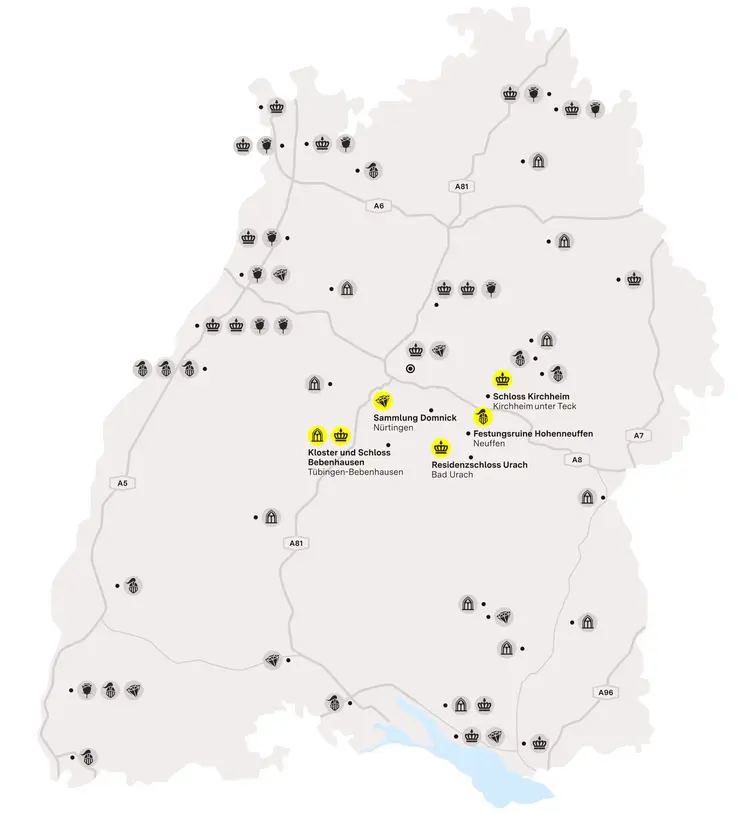 Illustration: Staatliche Schlösser und Gärten Baden-Württemberg, JUNG:Kommunikation GmbH Karte der Region "Vom Schönbuch bis zum Albtrauf"