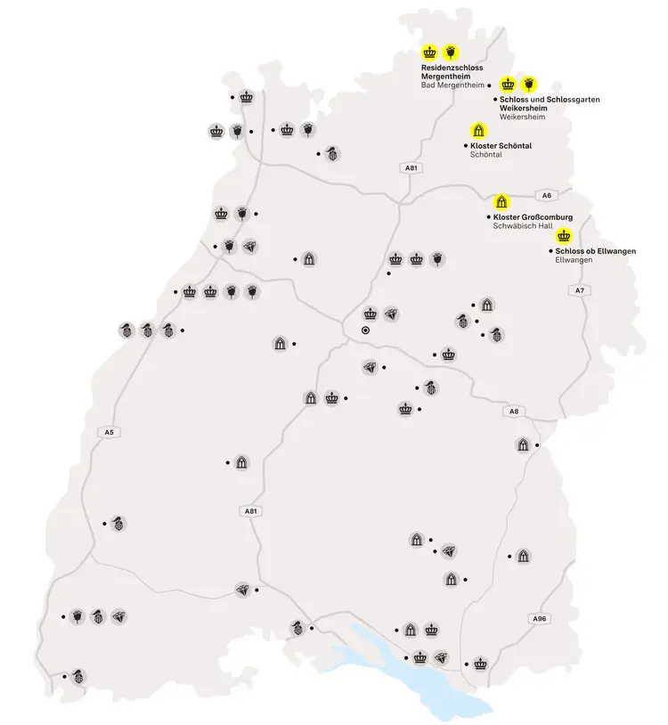 Illustration: Staatliche Schlösser und Gärten Baden-Württemberg, JUNG:Kommunikation GmbH Karte der Region "Verborgene Schatzkästchen im Nordosten"