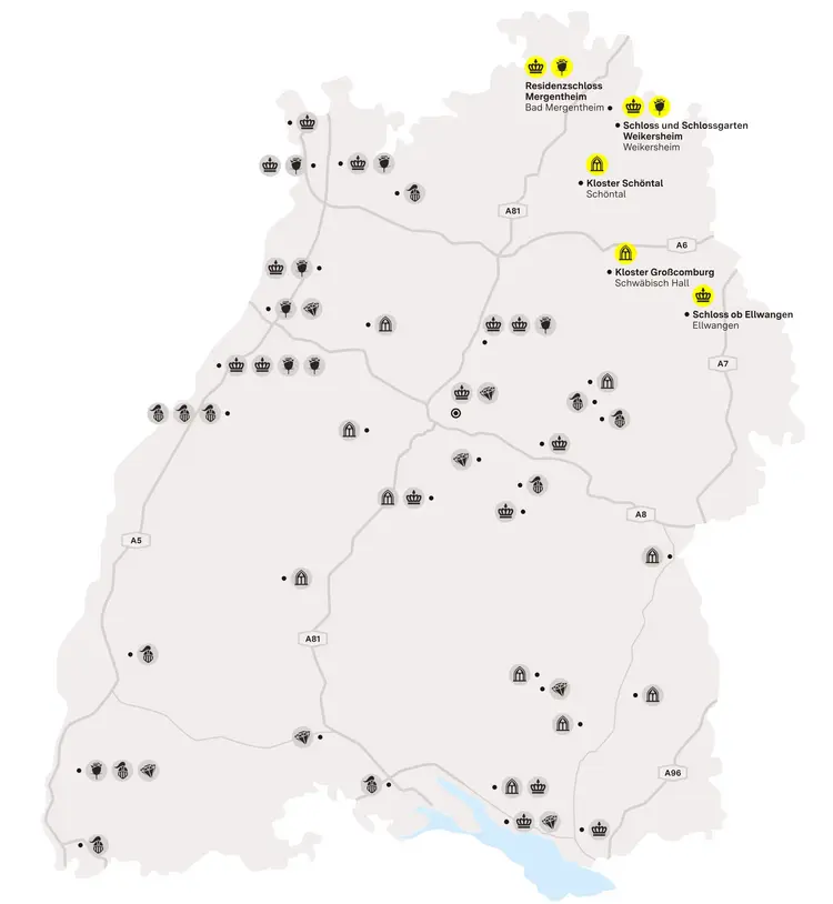 Illustration: Staatliche Schlösser und Gärten Baden-Württemberg, JUNG:Kommunikation GmbH Karte der Region "Verborgene Schatzkästchen im Nordosten"